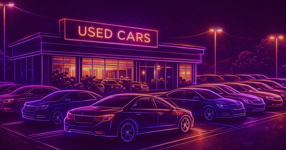 Neon colored image of a used car dealership lot with cars lined up and a small showroom.