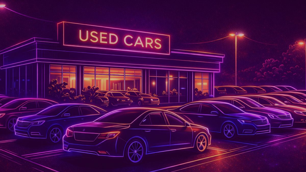 Neon colored image of a used car dealership lot with cars lined up and a small showroom.