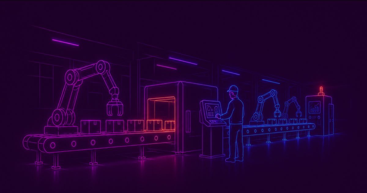 Neon colored image of a futuristic factory interior featuring an automated production line with conveyor belts, robotic arms and manufactured products moving through  the process.