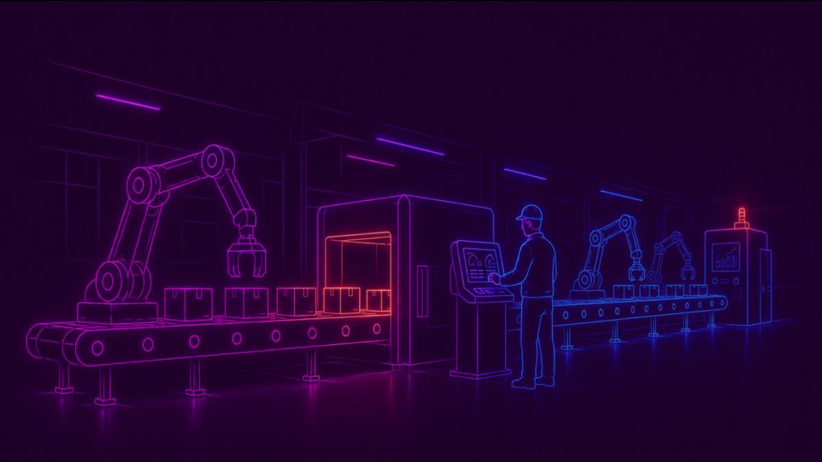 Neon colored image of a futuristic factory interior featuring an automated production line with conveyor belts, robotic arms and manufactured products moving through  the process.