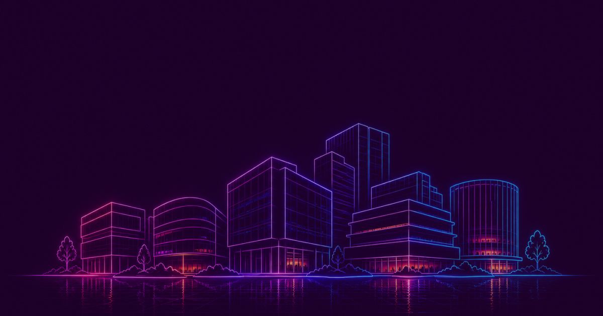 Neon colored image representing large-scale business with an elegant corporate skyline.