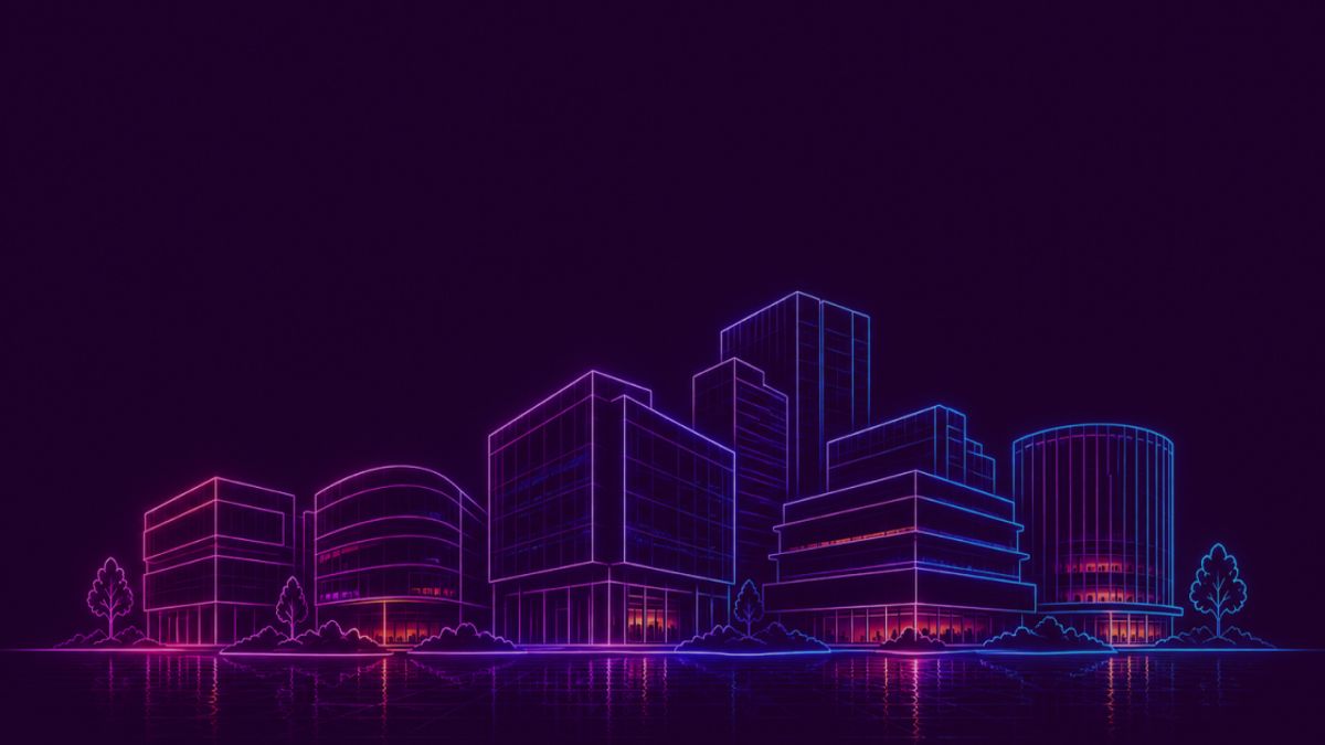 Neon colored image representing large-scale business with an elegant corporate skyline.