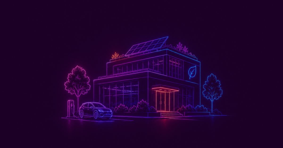 Neon colored image a modern sustainable office building, rooftop solar panels and small rooftop greenery, electric vehicle charging station and a generic modern electric car parked outside.