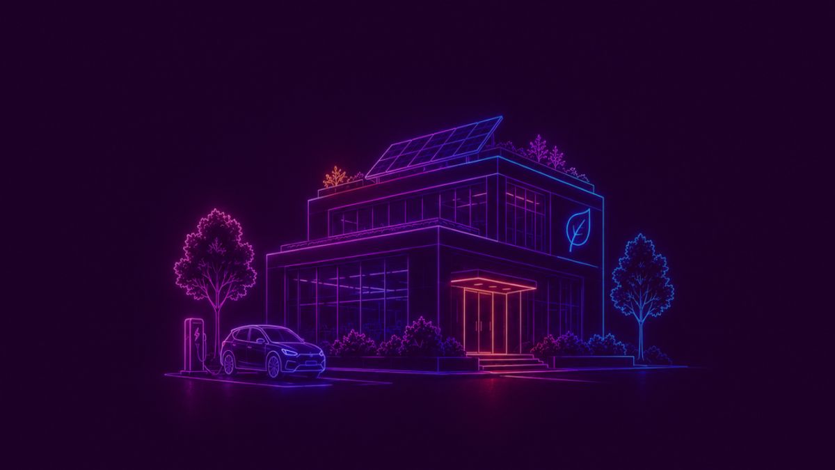 Neon colored image a modern sustainable office building, rooftop solar panels and small rooftop greenery, electric vehicle charging station and a generic modern electric car parked outside.