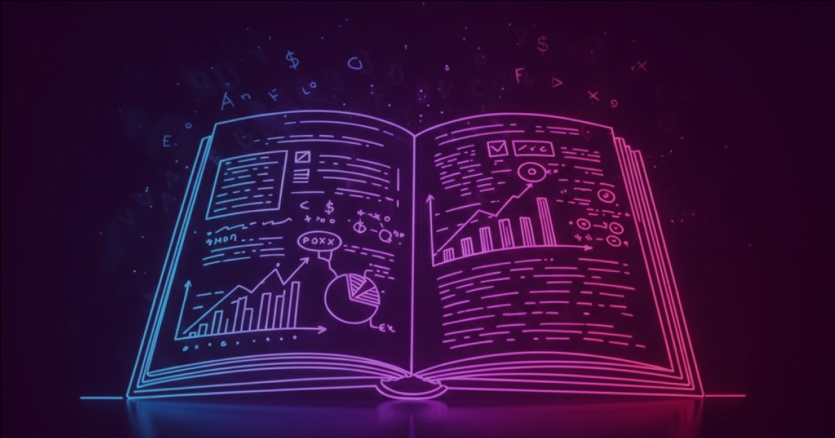 Neon colored image of an open financial report with glowing data charts, text, and interconnected lines flowing outward, symbolizing complex financial terminology.