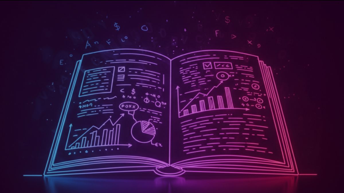Neon colored image of an open financial report with glowing data charts, text, and interconnected lines flowing outward, symbolizing complex financial terminology.