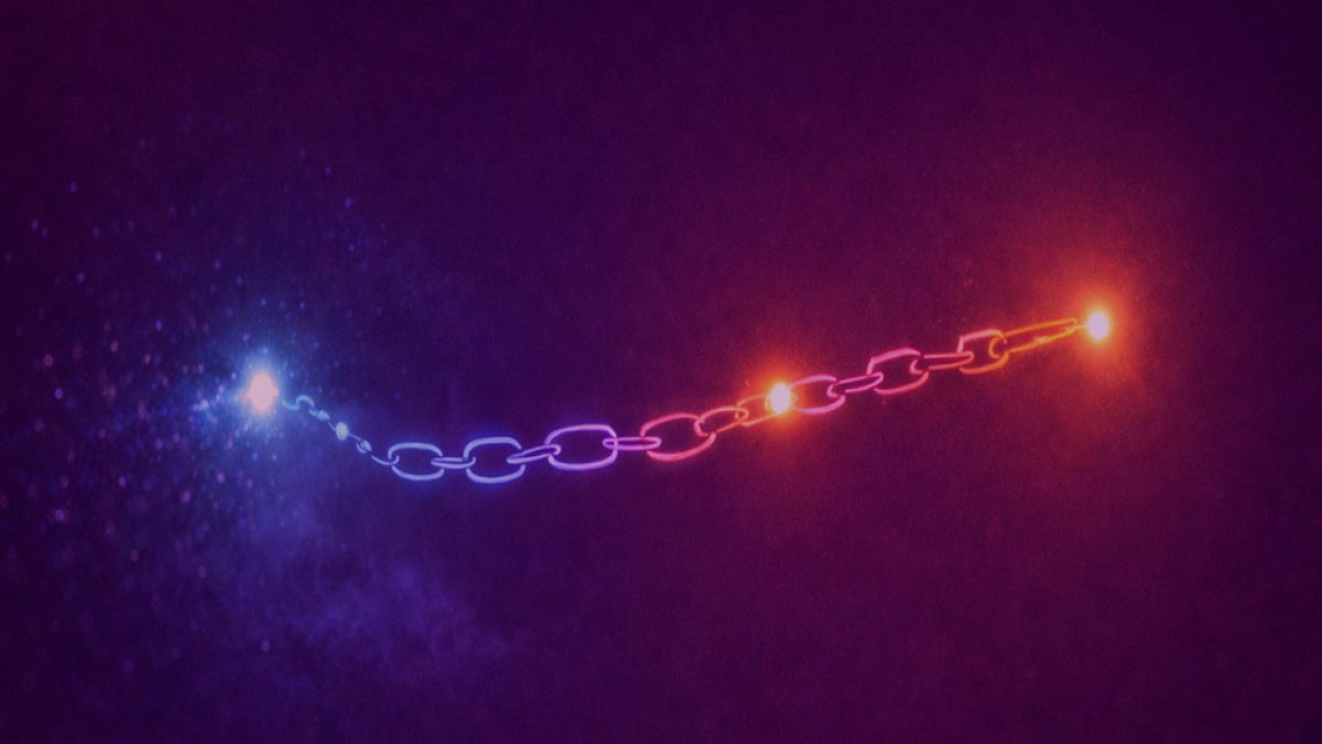 Minimalist neon illustration on a dark purple-blue background: a glowing chain path emerges from mist, marked by three bright points, ending in a warm orange glow.