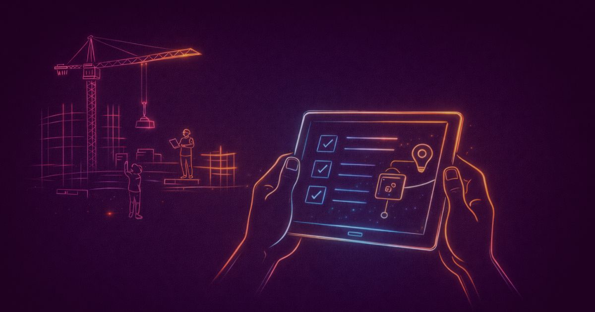 Neon colored image of a a construction site with a crane, scaffolding and workers in subtle outlines, hands holding a tablet interface symbolizing digital coordination of field work.