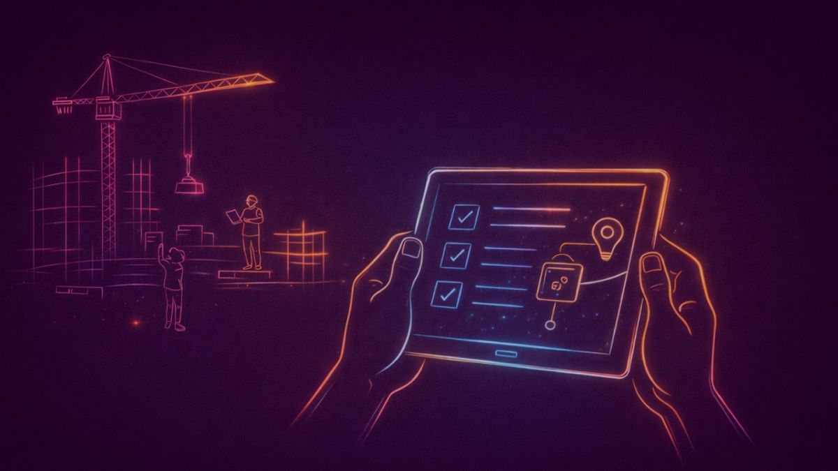 Neon colored image of a a construction site with a crane, scaffolding and workers in subtle outlines, hands holding a tablet interface symbolizing digital coordination of field work.