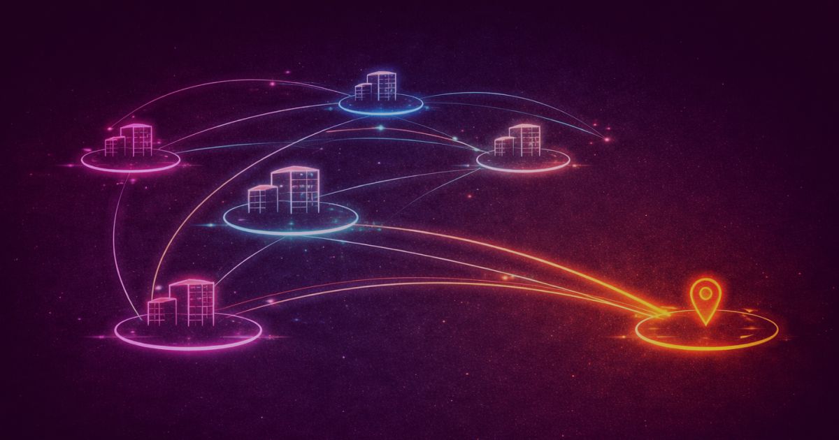 Neon colored image of a of abstract flight paths or movement lines connecting multiple office buildings, suggesting international expansion and activity.