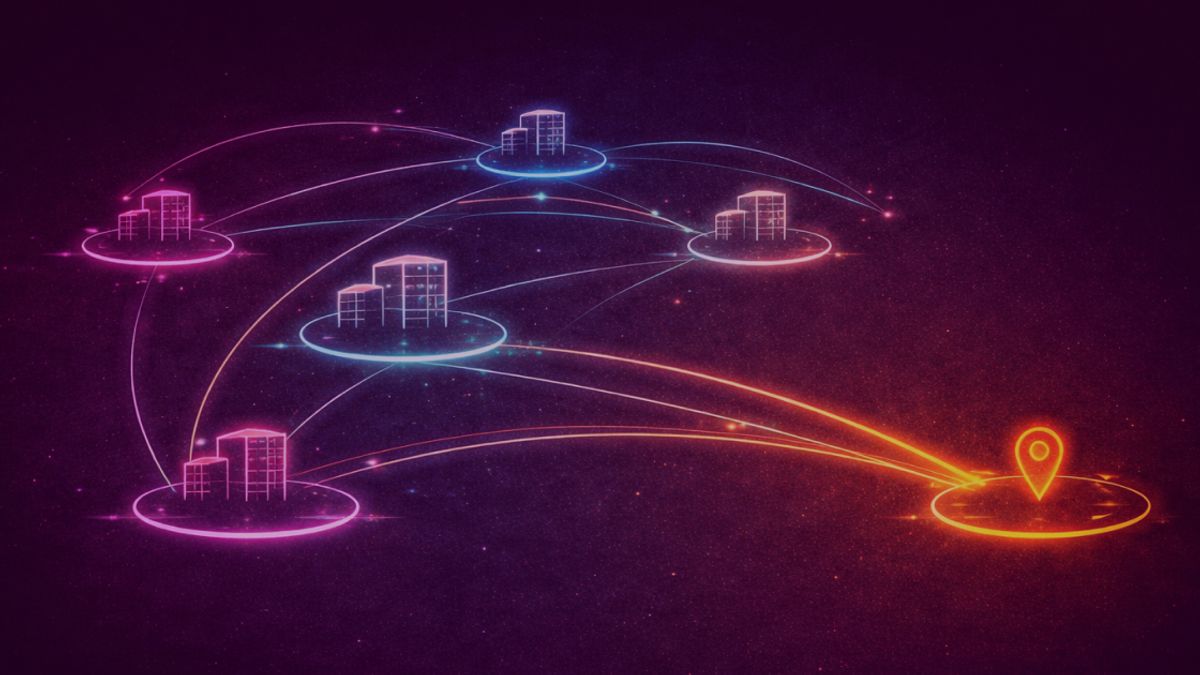 Neon colored image of a of abstract flight paths or movement lines connecting multiple office buildings, suggesting international expansion and activity.