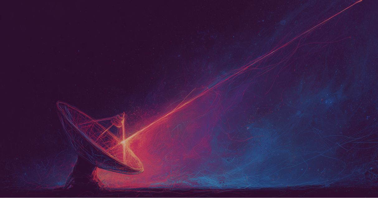 Neon-viivapiirros: muutama kirkas signaali nousee kohinan yläpuolelle pimeällä taustalla – aito myynnin tekoäly vihjaa laadusta, ei massasta.