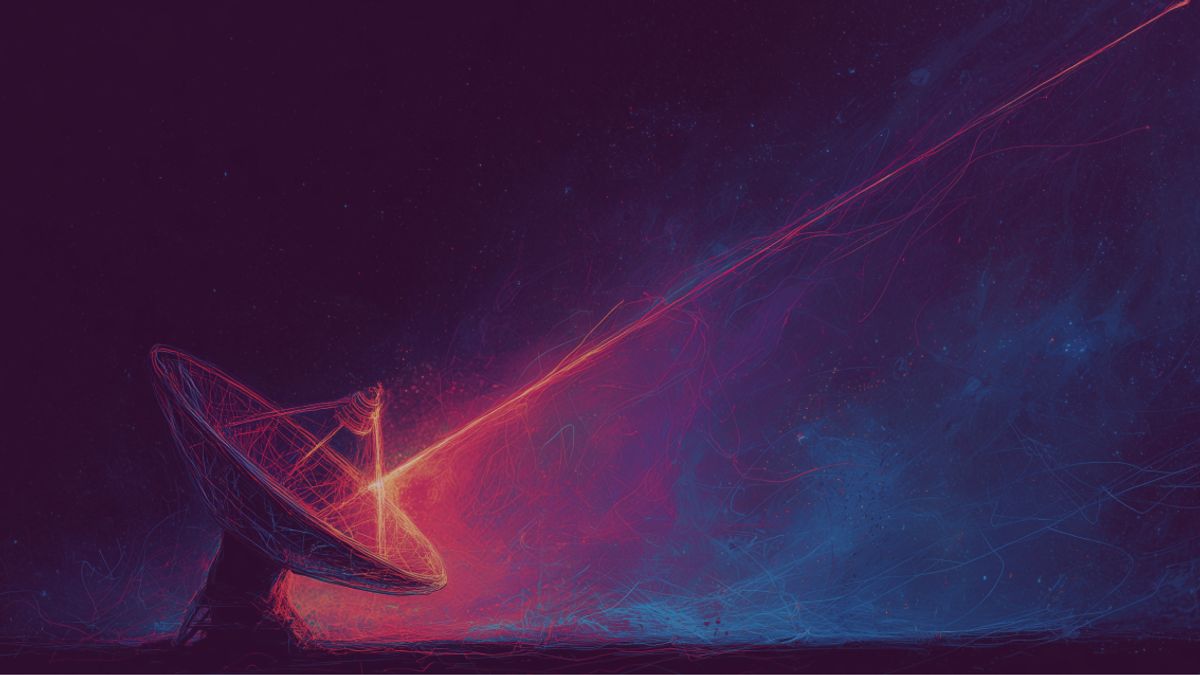 Neon-viivapiirros: muutama kirkas signaali nousee kohinan yläpuolelle pimeällä taustalla – aito myynnin tekoäly vihjaa laadusta, ei massasta.