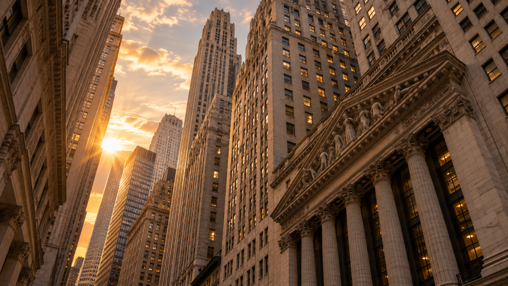 A city skyline of tall office towers at dusk with lit windows.