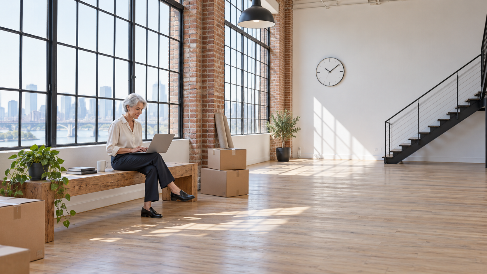 A bright open-plan office floor with people working at desks and glass meeting rooms.