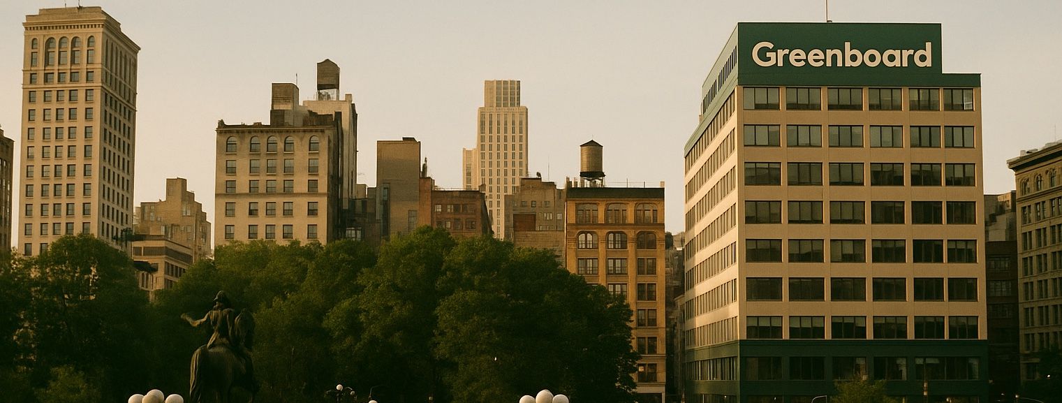 Union Square skyline in New York with the Greenboard name on a building