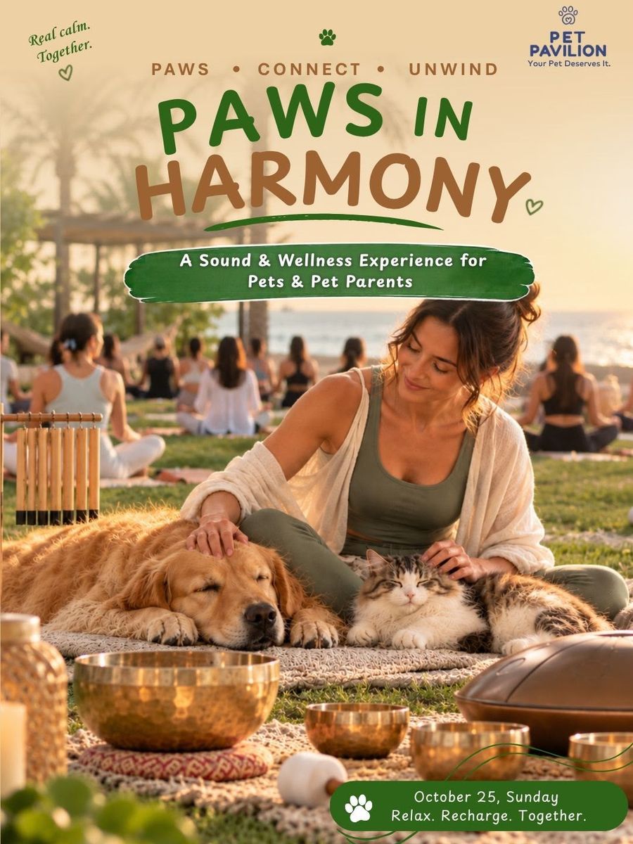 Paws in Harmony, a sound and wellness experience for pets and pet parents by Pet Pavilion, Sunday 25 October 2026 – a woman relaxing with a golden retriever and a cat beside singing bowls on a lawn by the sea