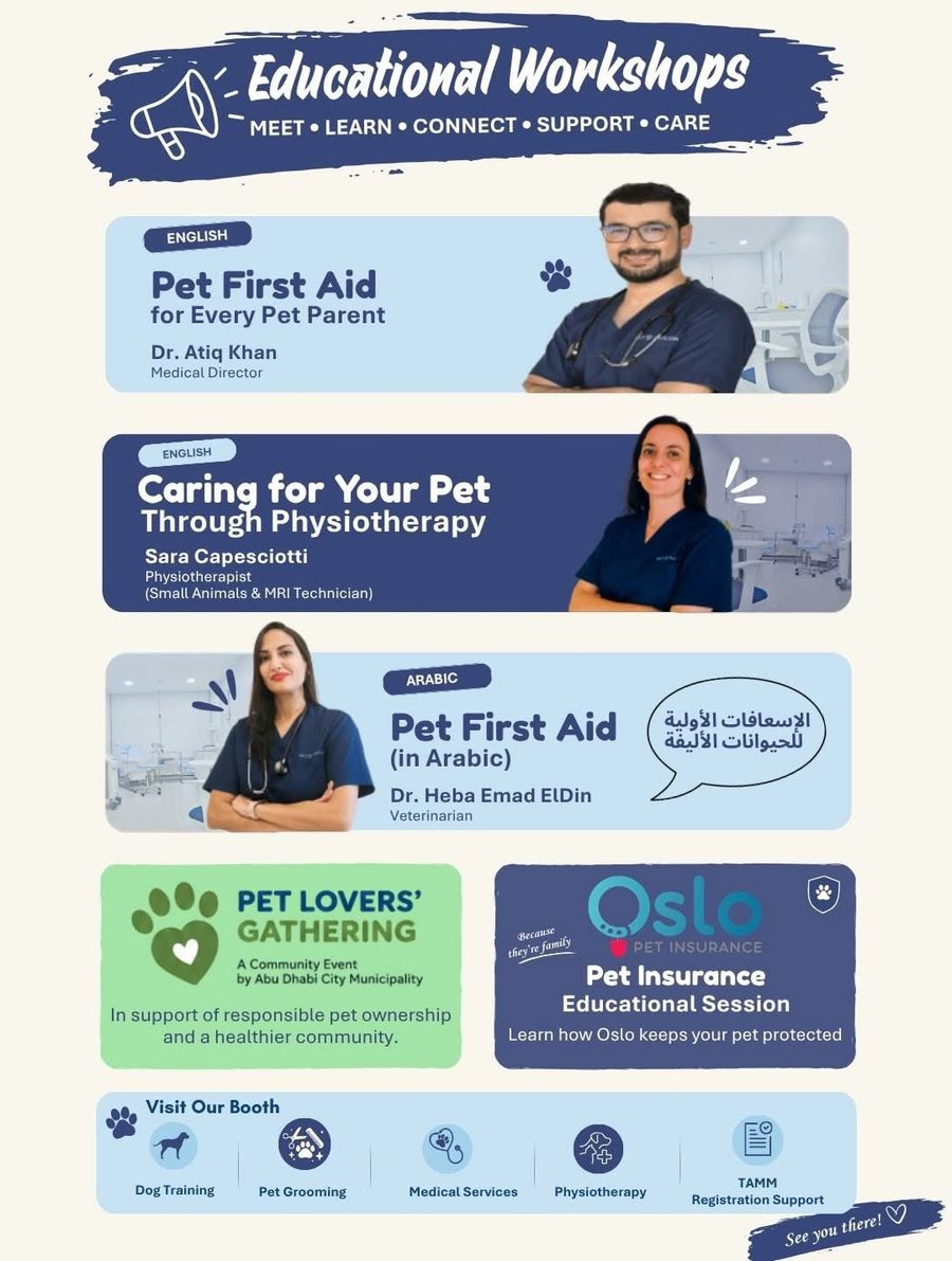 Pet Pavilion educational workshops: Pet First Aid in English and Arabic, Caring for Your Pet Through Physiotherapy, and a pet insurance session with Oslo
