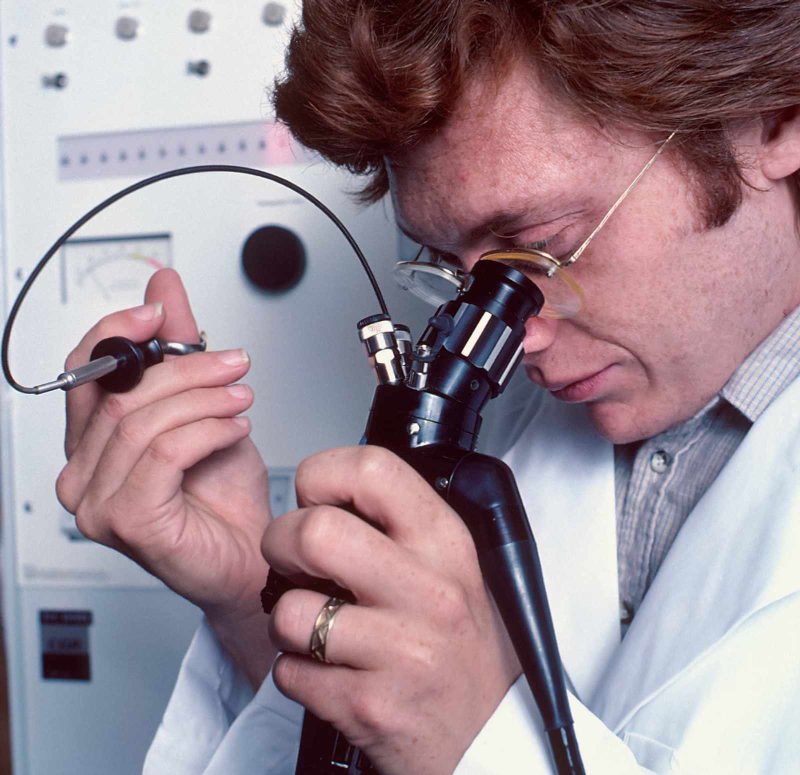 A veterinarian looks into an endoscope during a procedure