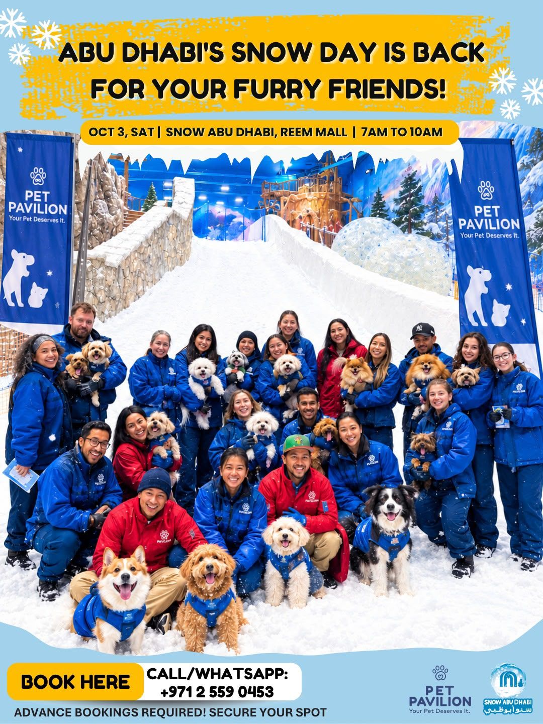 Pet Pavilion's Snow Day for dogs at Snow Abu Dhabi, Reem Mall, Saturday 3 October 2026, 7–10 AM – the team and their dogs in the snow