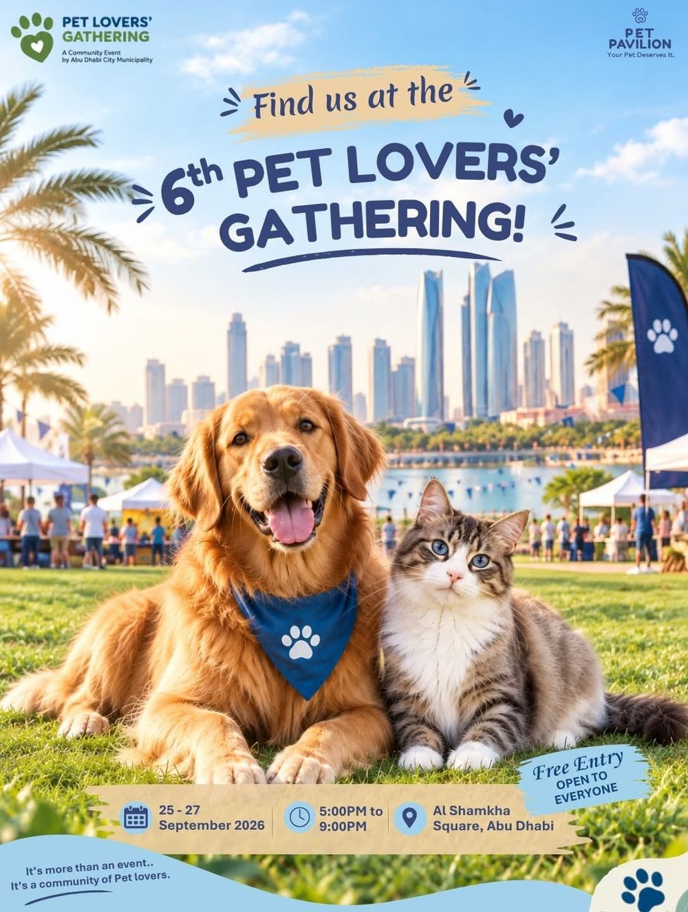 Pet Pavilion at the 6th Pet Lovers' Gathering, Al Shamkha Square, Abu Dhabi, 25–27 September 2026 – a golden retriever and a cat on the lawn in front of the city skyline