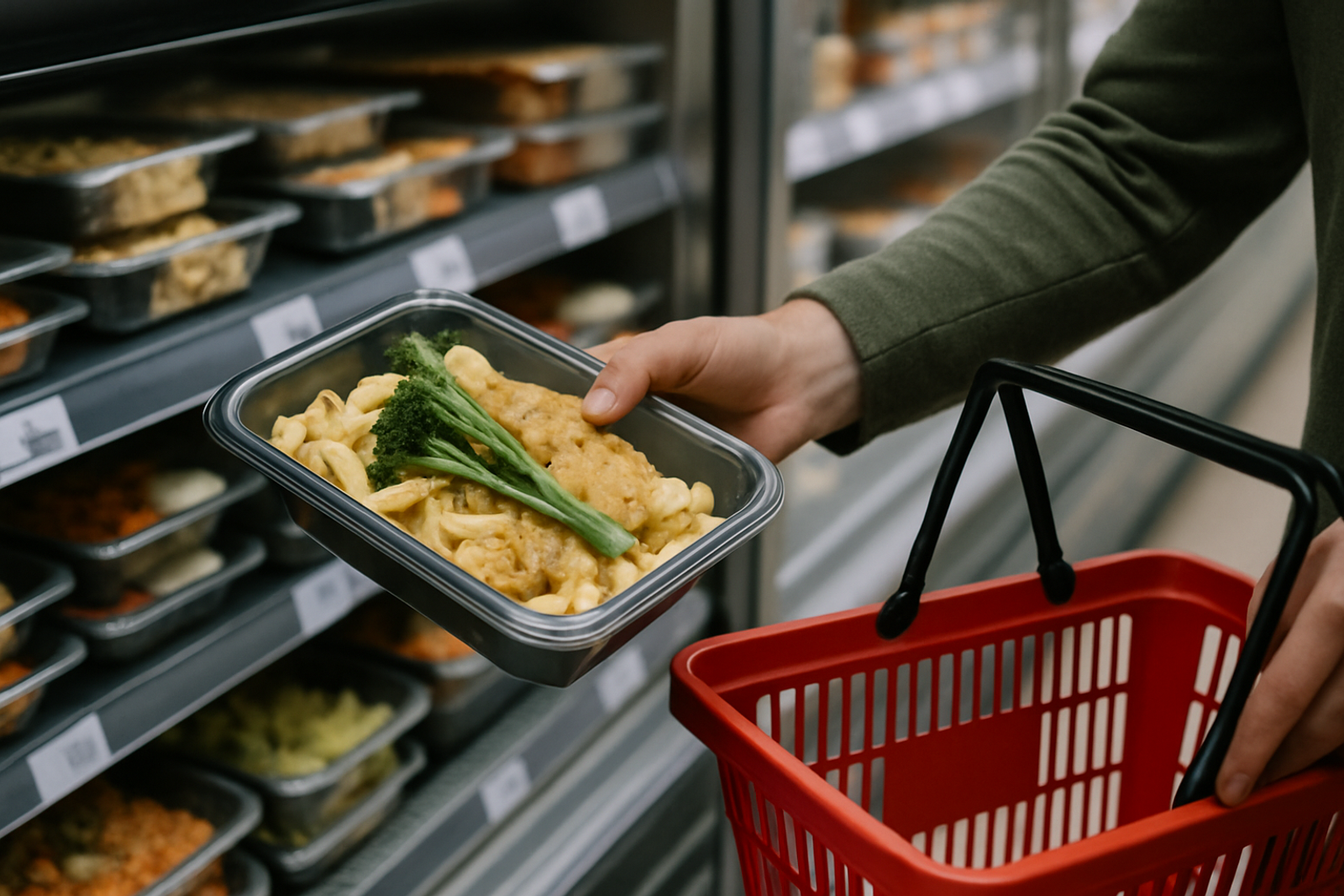 a supermarket ready to heat meal being selected from a cold shelf or placed into a supermarket trolley or basket to indicate a bit of a "quick and easy" meal, AI generated image