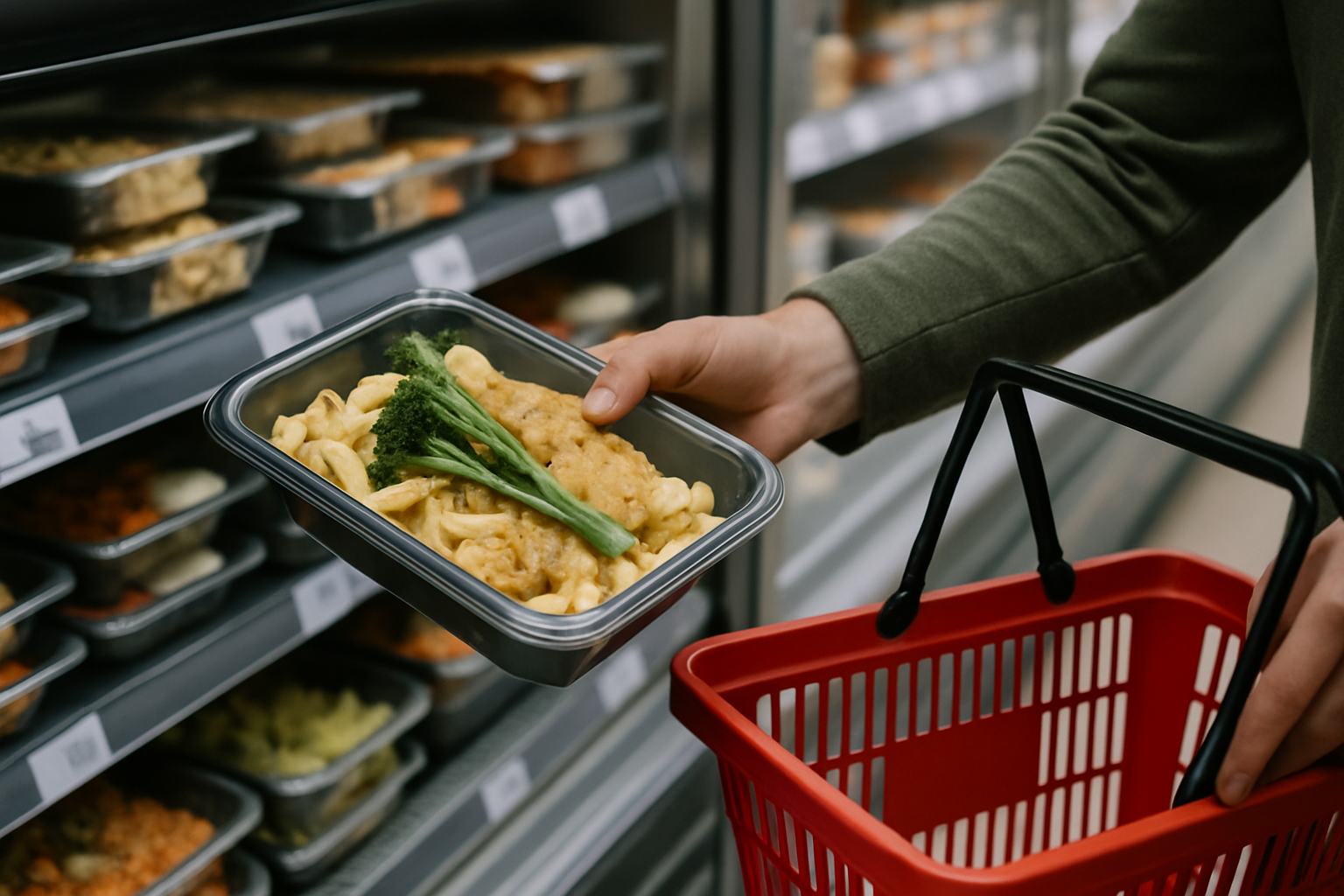 a supermarket ready to heat meal being selected from a cold shelf or placed into a supermarket trolley or basket to indicate a bit of a "quick and easy" meal, AI generated image