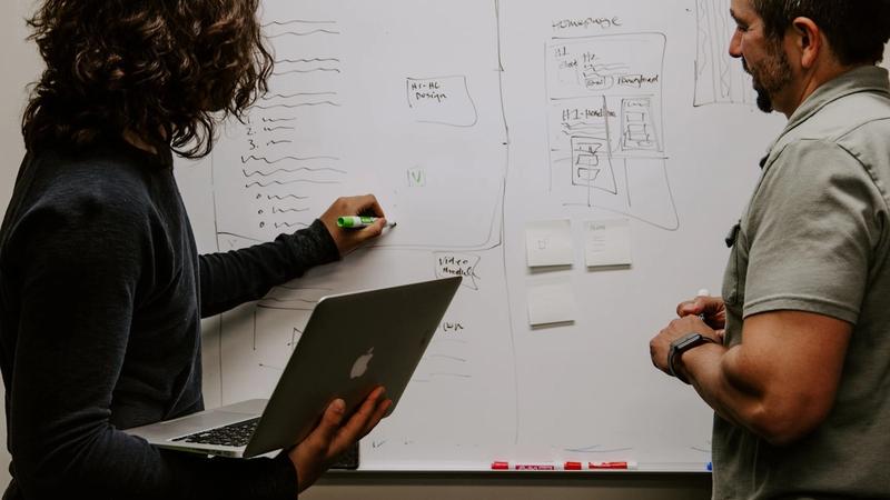Manager briefing a team at a whiteboard