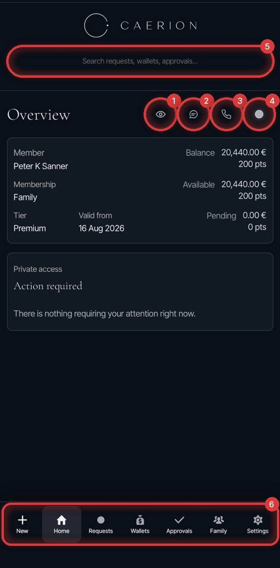 Caerion App Startseite mit markierten Funktionen