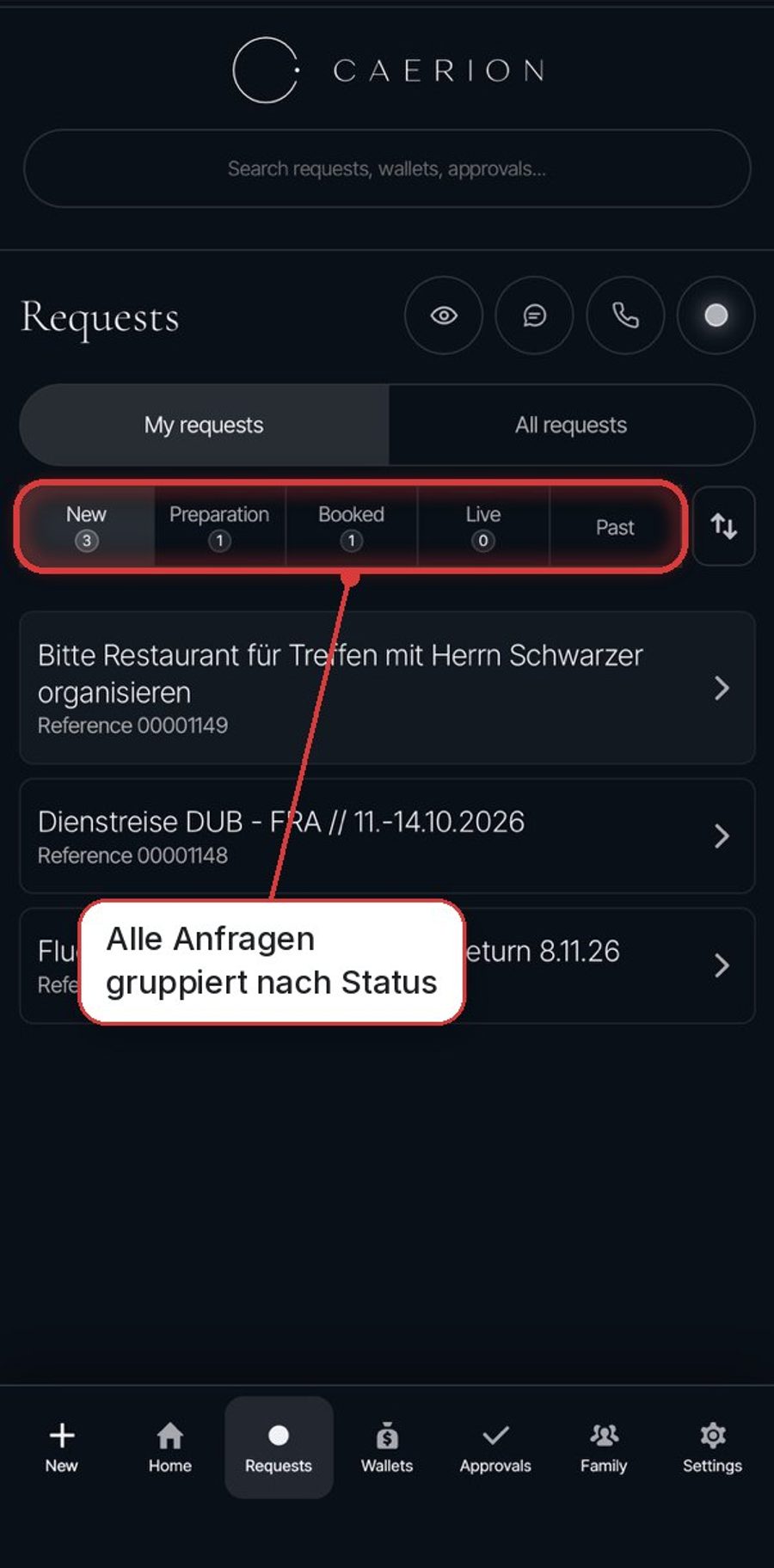 Caerion App: Liste der Anfragen mit Status-Reitern