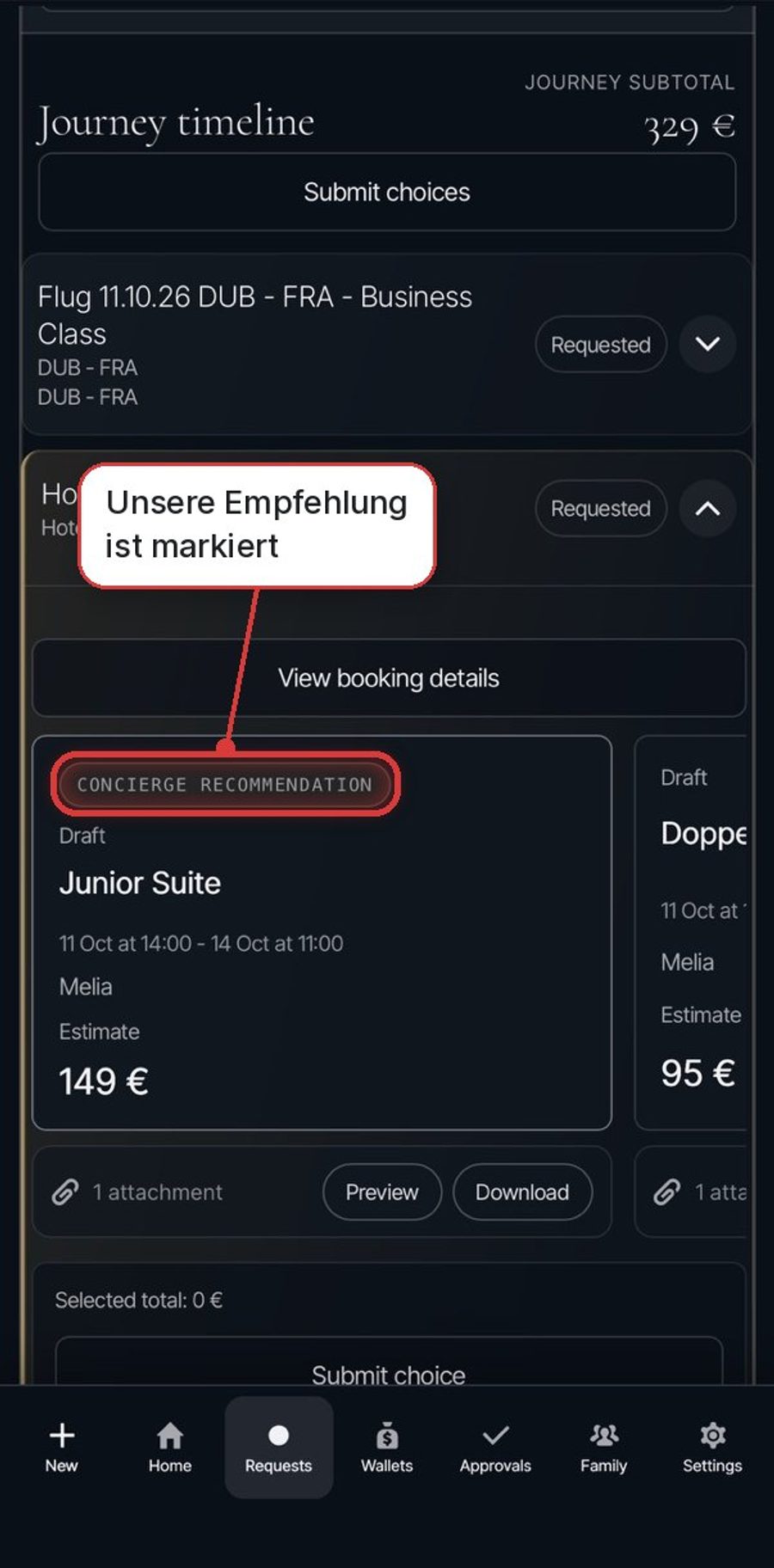 Caerion App: Hoteloptionen mit Concierge-Empfehlung