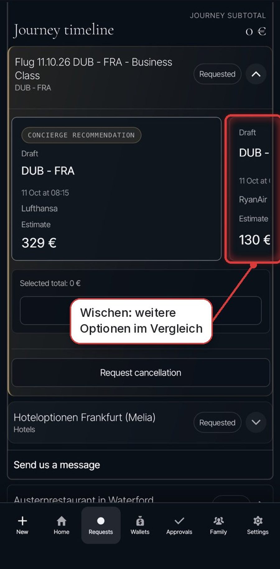 Caerion App: zwei Flugoptionen nebeneinander