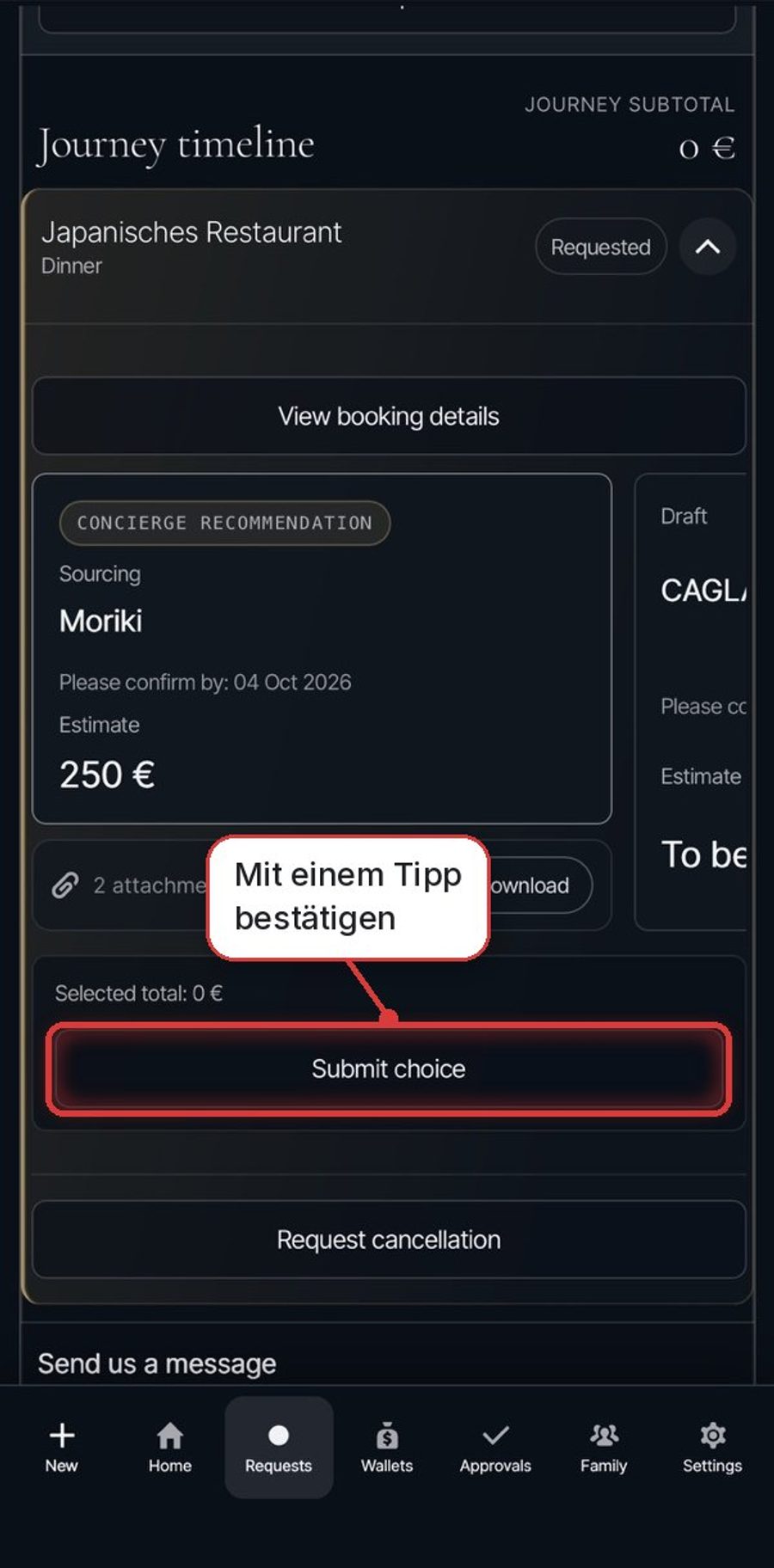 Caerion App: Restaurant-Empfehlung mit Bestätigen-Button