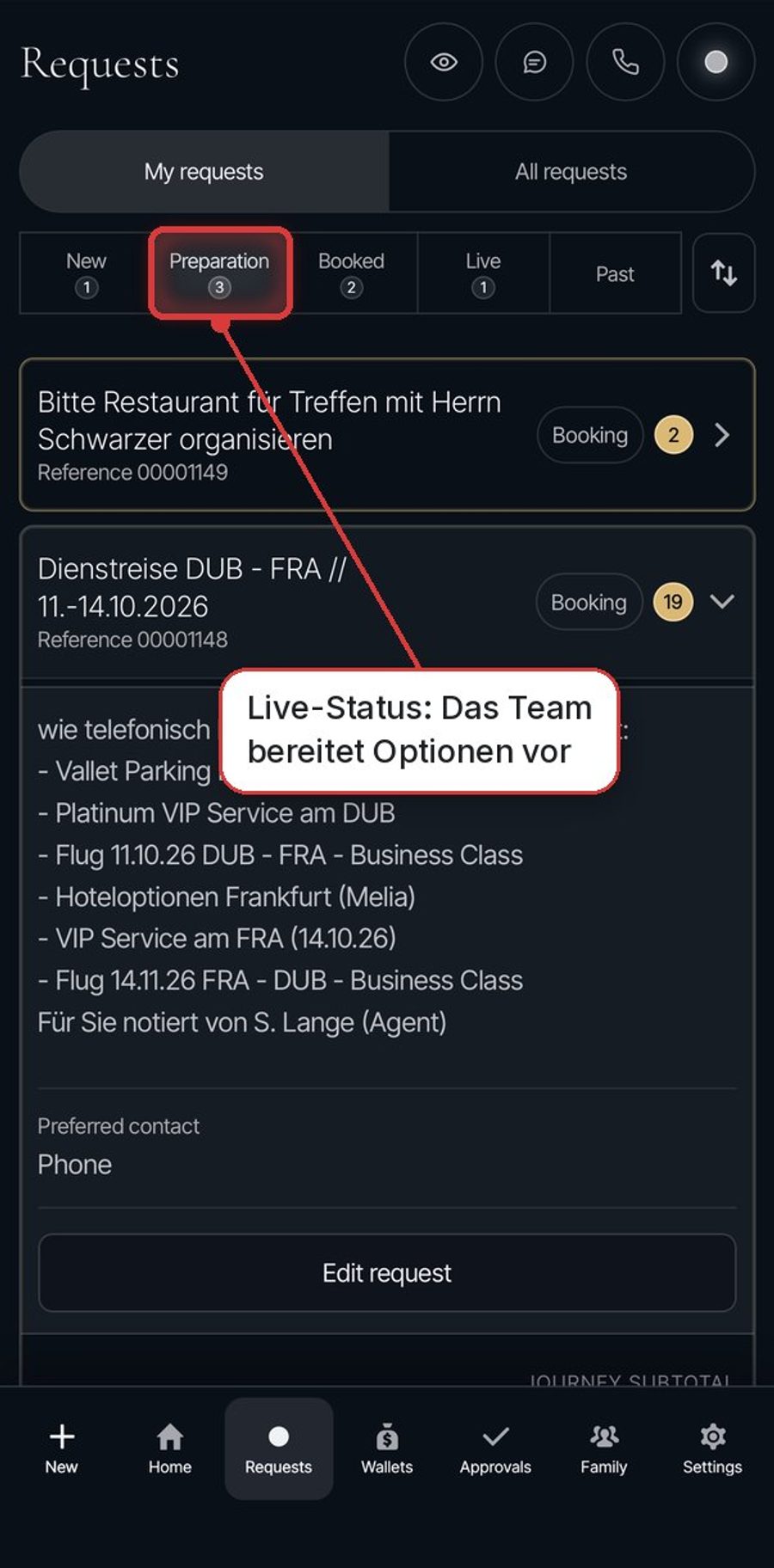 Caerion App: Anfrage im Status Vorbereitung