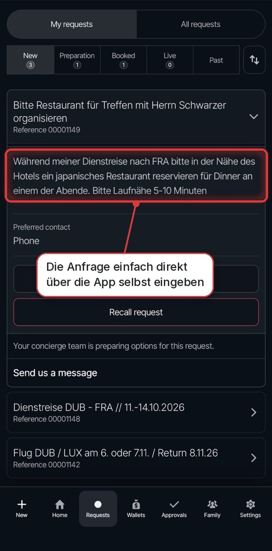 Caerion App: Anfrage in eigenen Worten