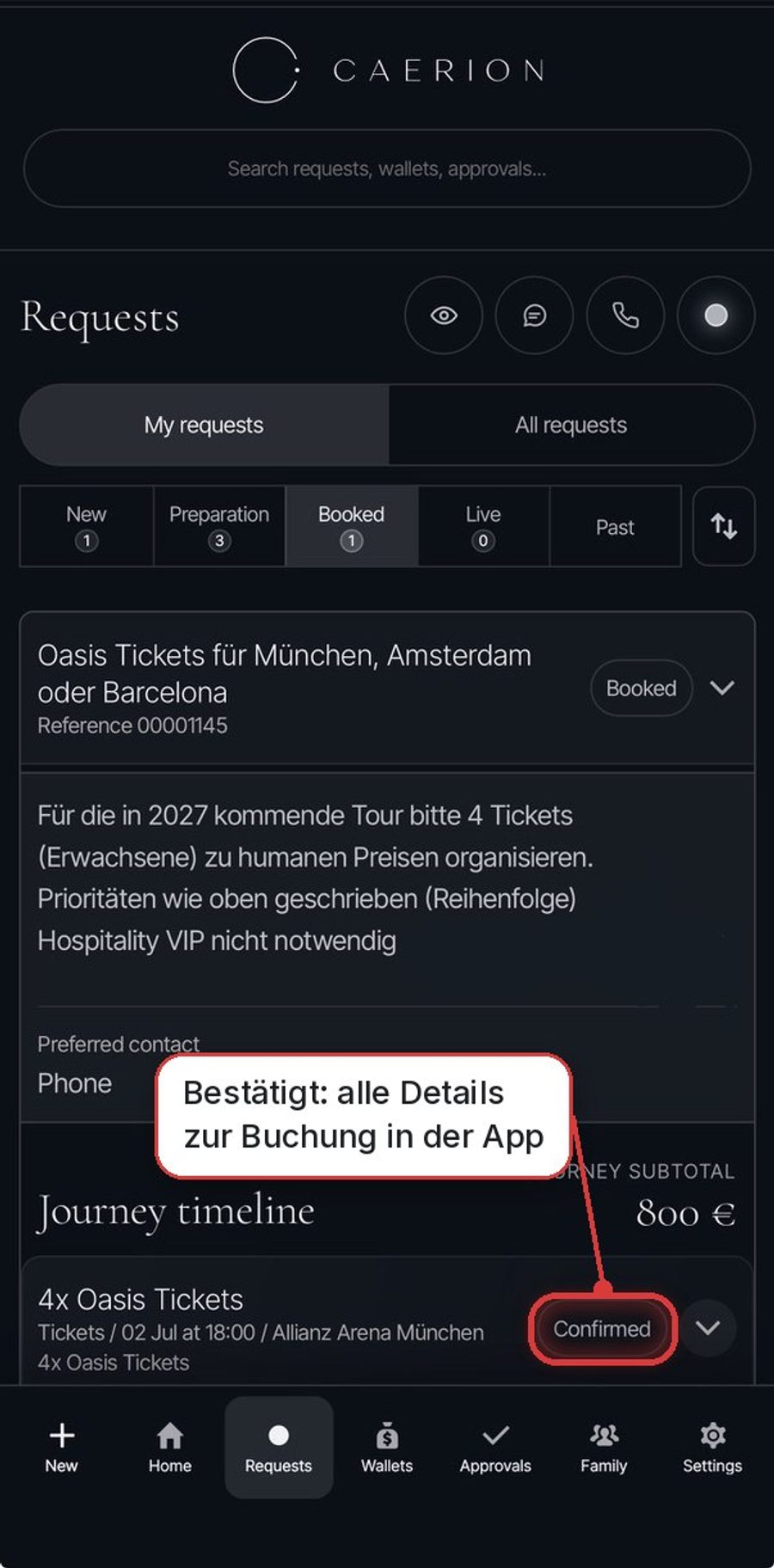 Caerion App: bestätigte Buchung