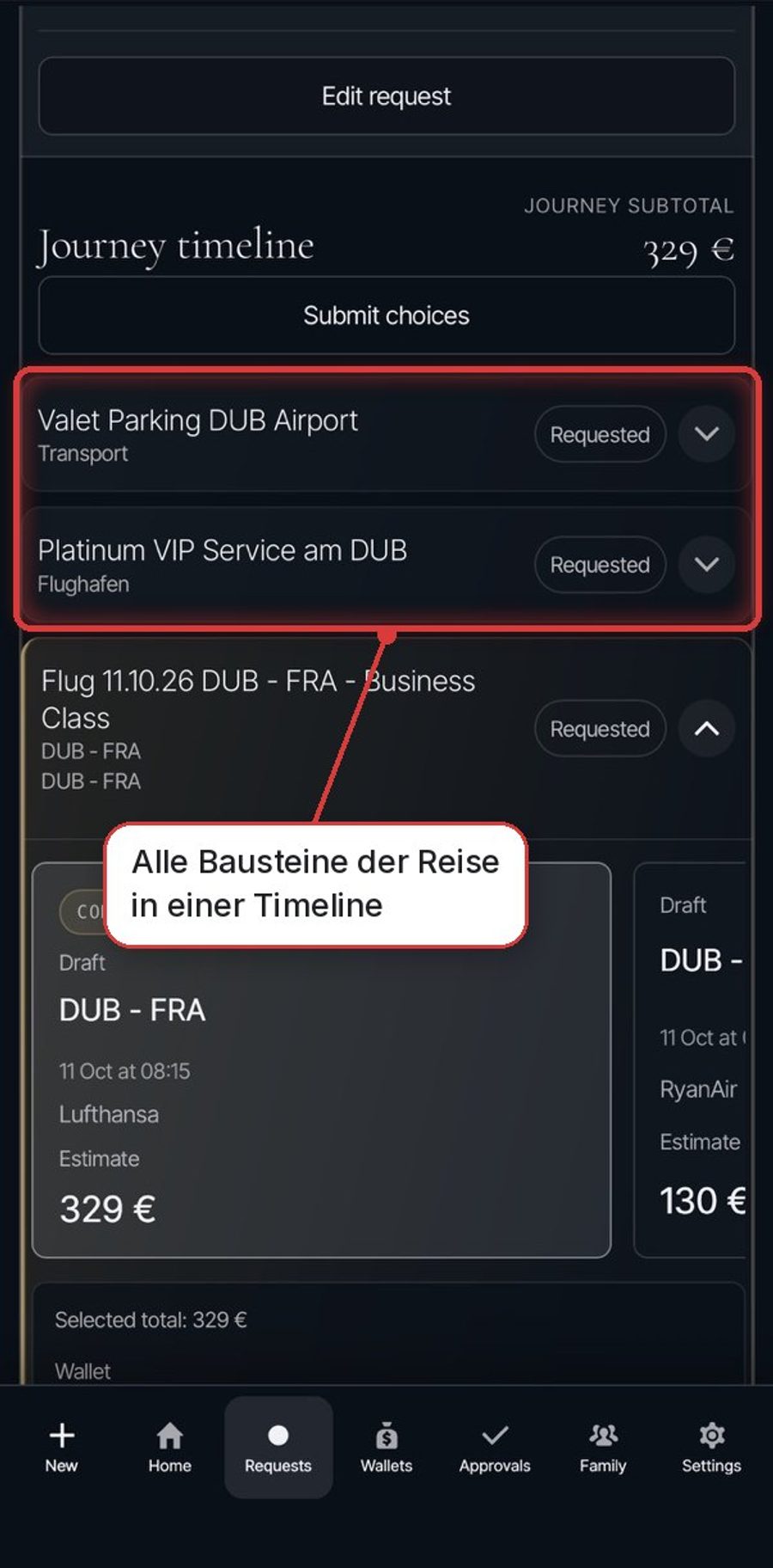 Caerion App: Timeline einer Reise mit Parken, Lounge und Flug