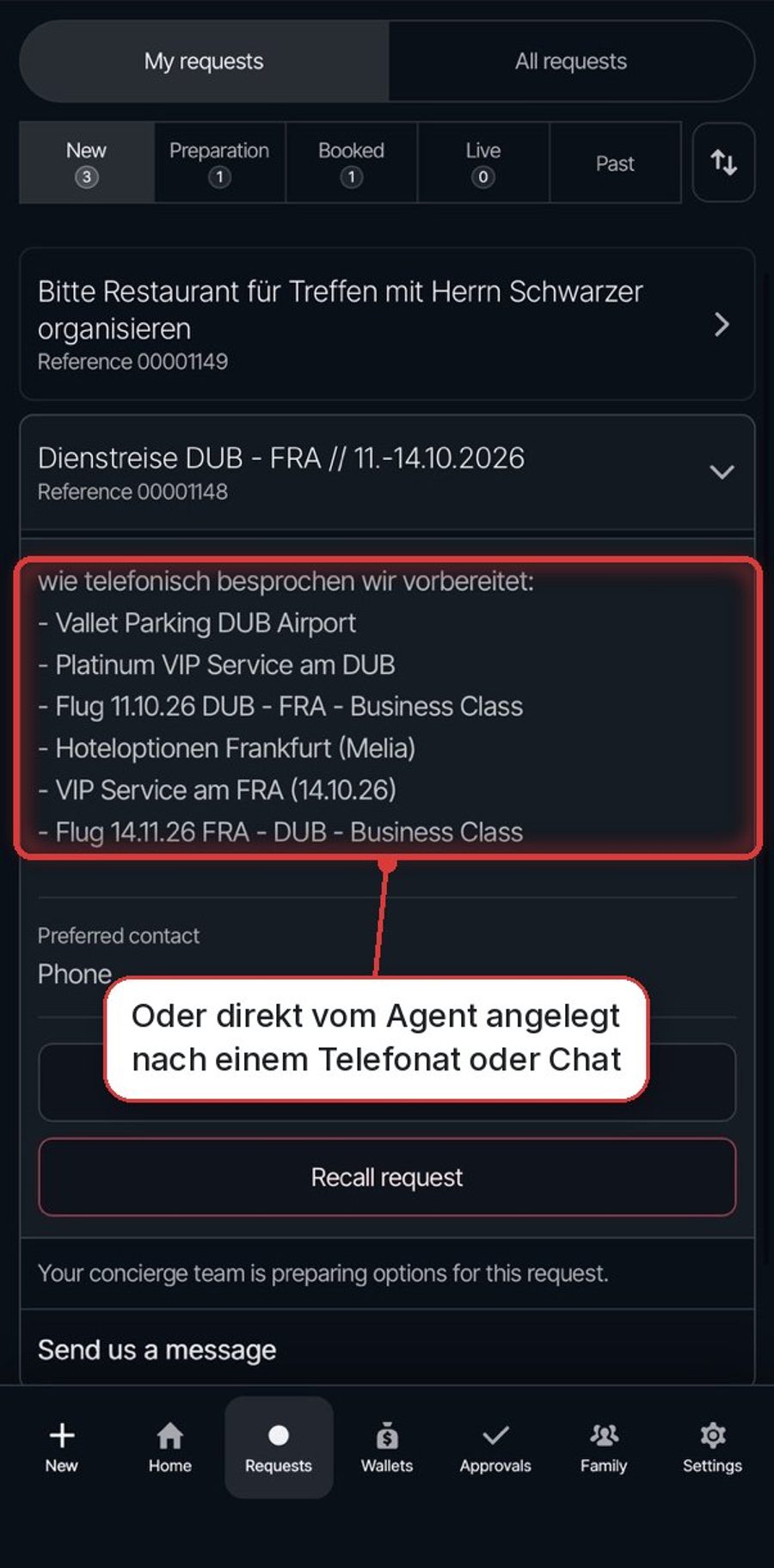 Caerion App: vom Agent angelegte Anfrage nach einem Telefonat
