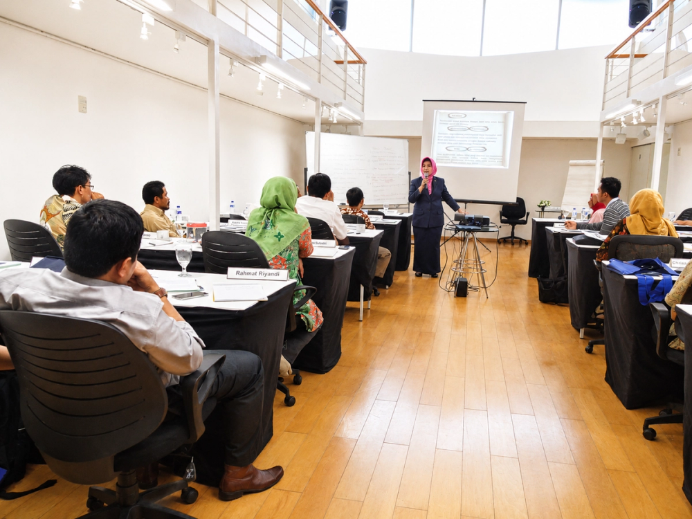 Guests at round tables during a seminar in the Melati Hall