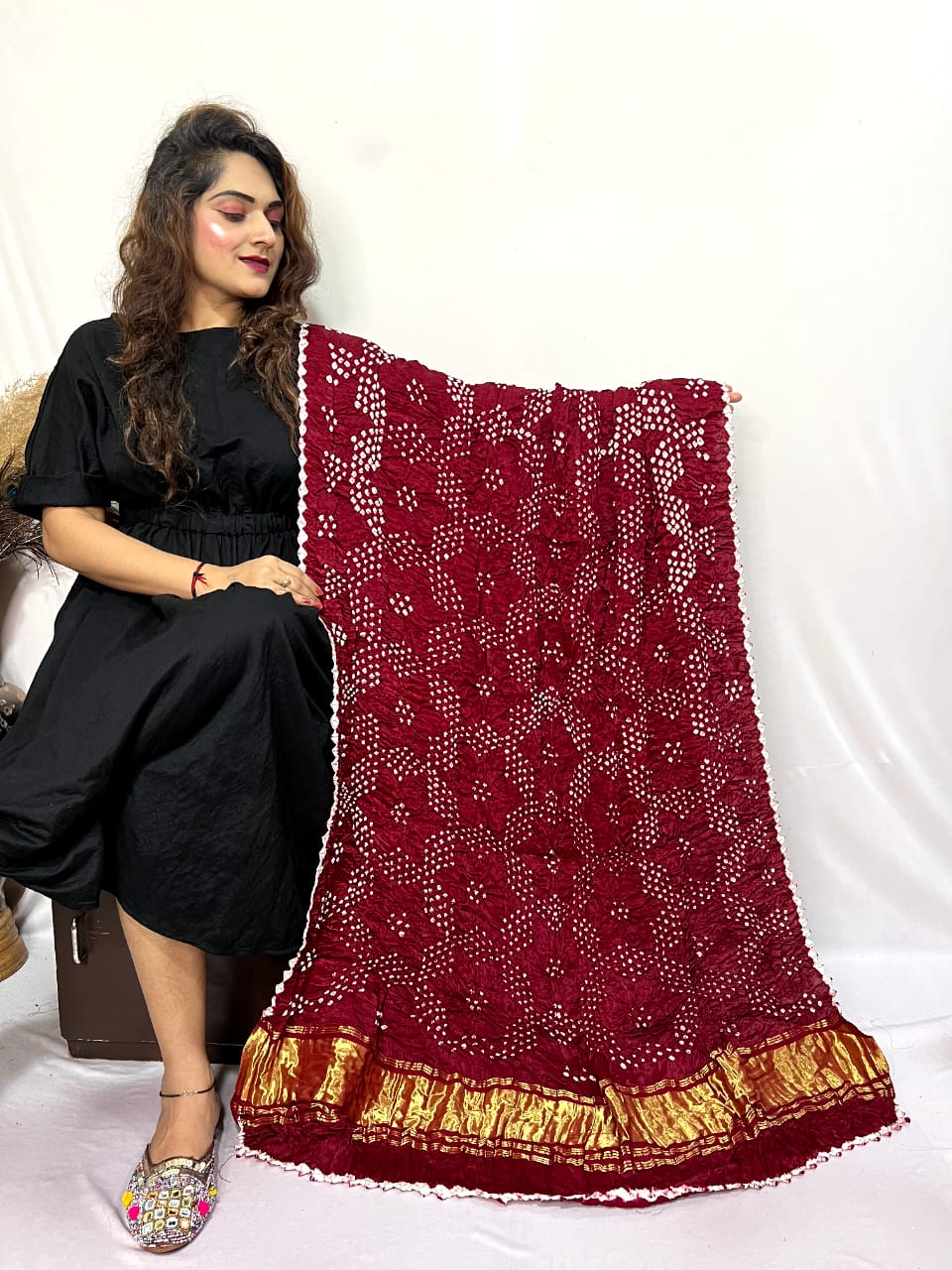 Modal Silk Tissue Pallu Heavy Design White Bandhej with Beautiful Edging border Dupatta