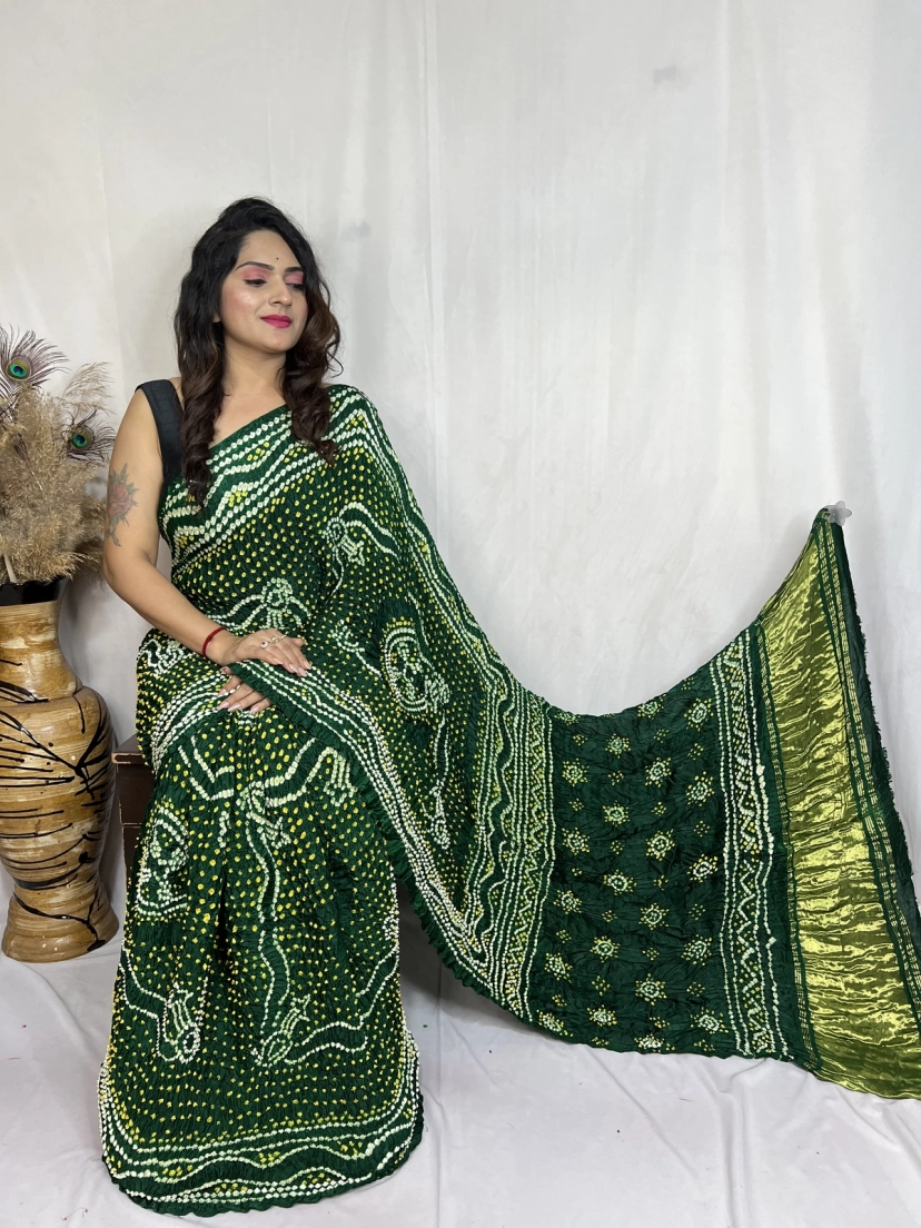 Modal Silk Tissue Pallu Heavy Bandhej Traditional Chandrokhani Design Saree