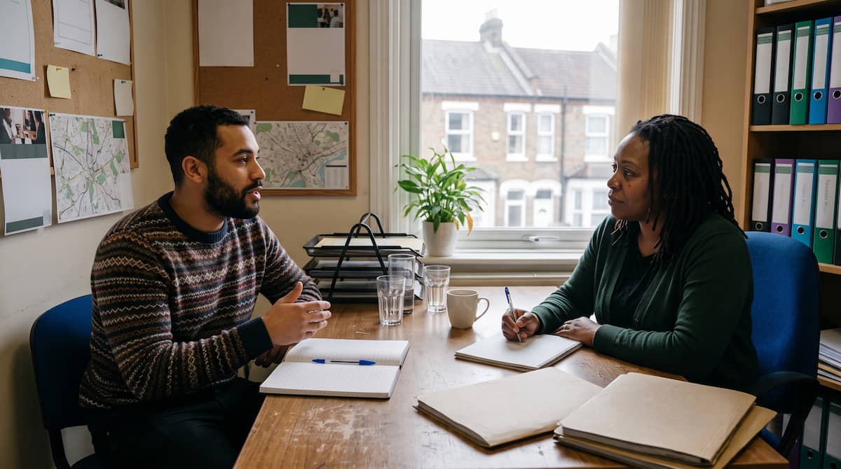 Homelessness manager providing supportive one-to-one supervision to a frontline practitioner.