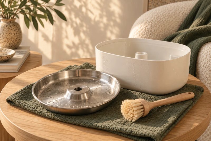 Removable pet fountain bowl and reservoir on a sage cloth beside a cleaning brush.
