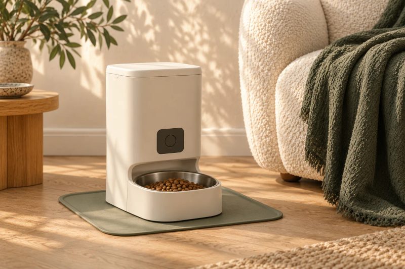 Generic ivory pet feeder with a food bowl on a sage mat beside an armchair.