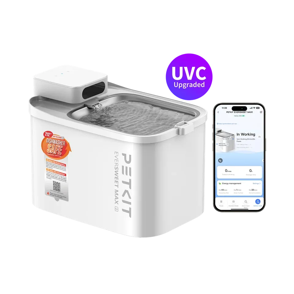 Manufacturer image of PETKIT EverSweet Max 2 P4116 UVC fountain and app screen, with manufacturer UVC and cleaning badges.