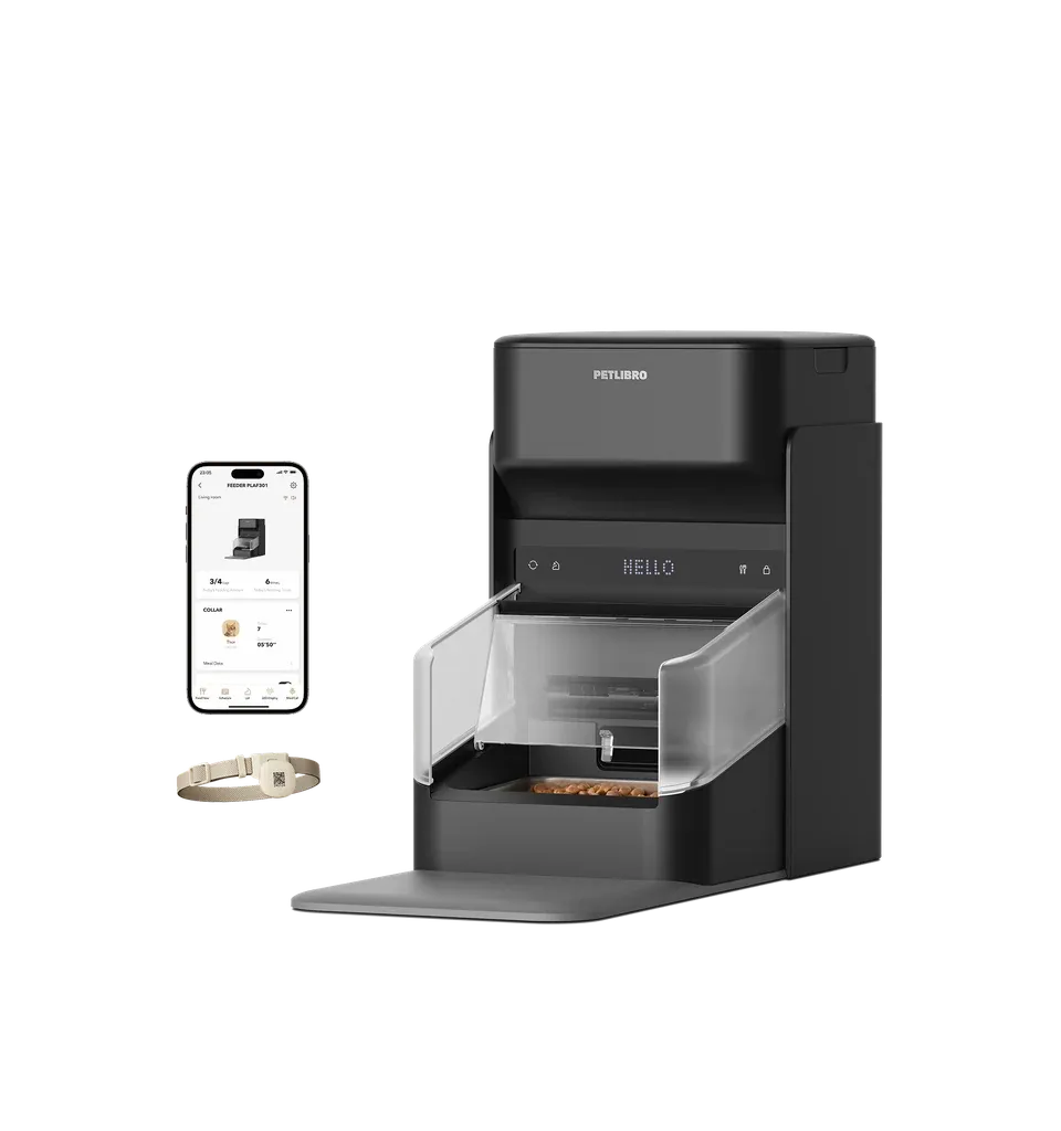 Manufacturer image of the black PETLIBRO One RFID PLAF301 feeder, reader mat, collar tag and app screen.