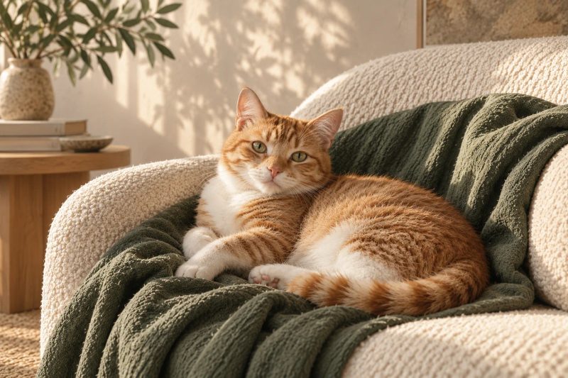 Ginger and cream cat resting on a sage throw in an ivory armchair.