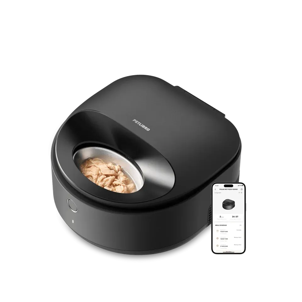 Manufacturer image of the current black PETLIBRO Polar PLAF109 US wet-food feeder with stainless-steel bowls.