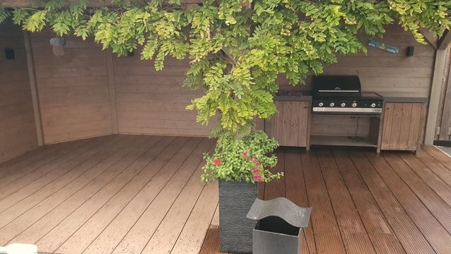 Composieten vlonderterras met een klimplant langs de gevel en een barbecue