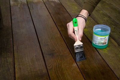 Persoon verf Power-Gel op houten vloer